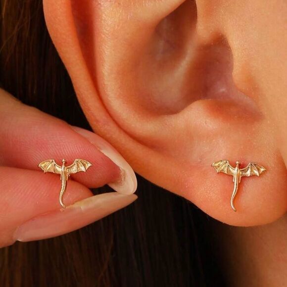 Minimalist Gold Tone Dragon Earrings Delicate Lightweight - Picture 3 of 4